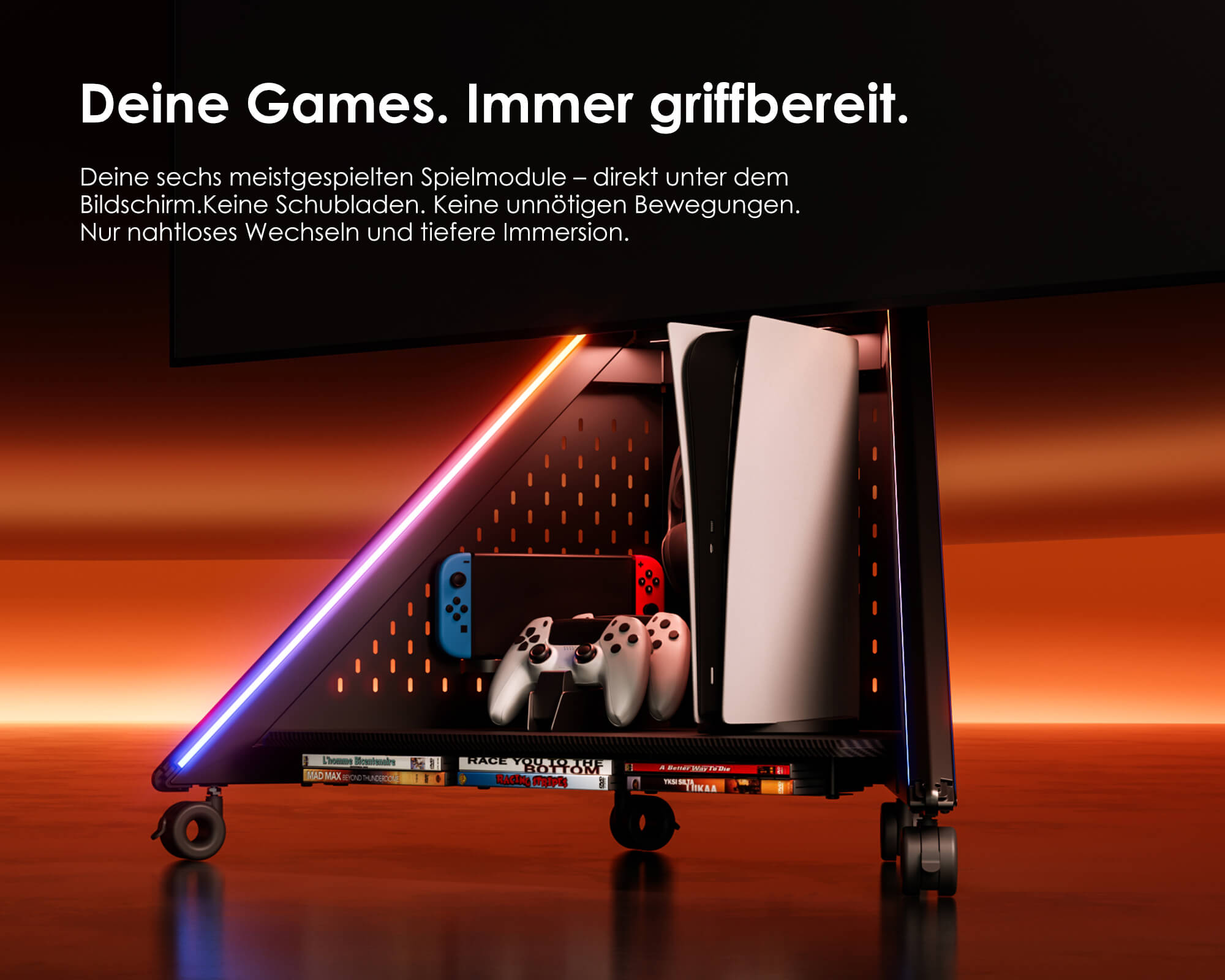 Support de tv avec roulettes et rangement pour cassettes dans le socle, structure extensible