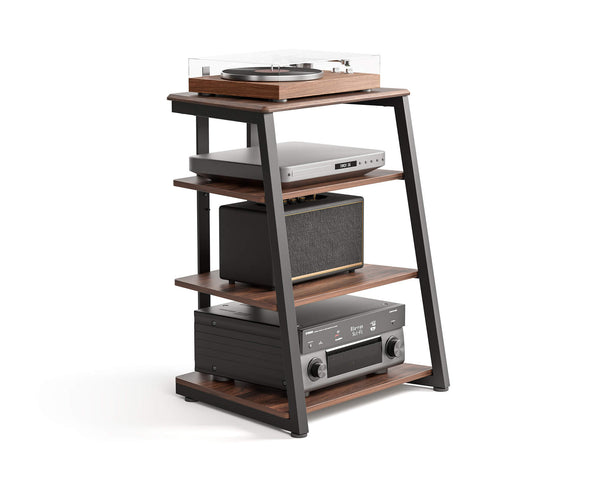 Meuble HiFi autoportant en métal et bois avec plusieurs étagères, présenté sur fond blanc.