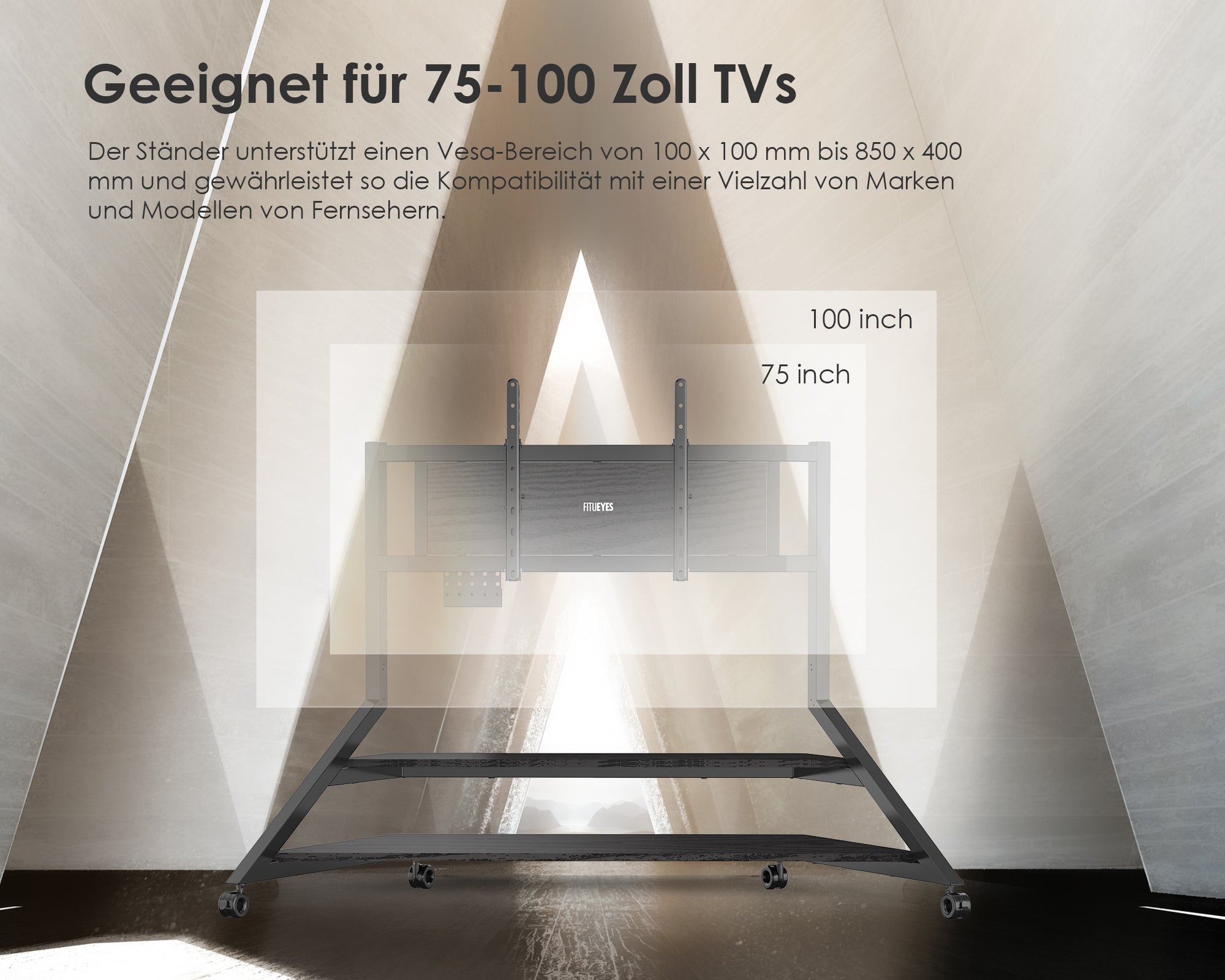 Maße und Höhenverstellung des Eiffel Serie TV-Ständers für Fernseher von 75 bis 100 Zoll