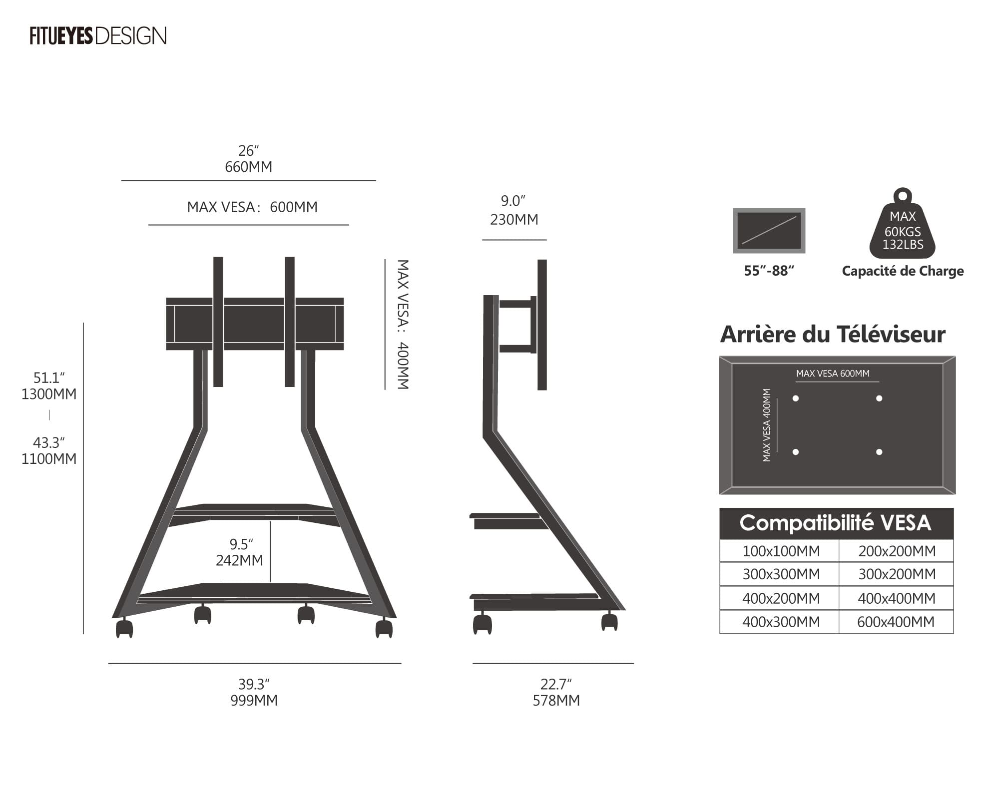 EIFFEL 2nd<br>Support TV à Roulettes 55"-88"